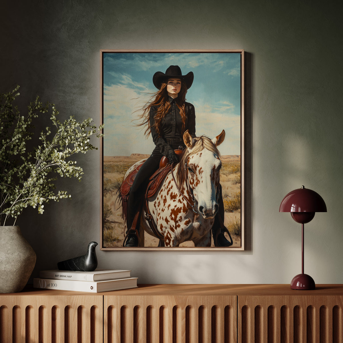 Desert Reins  |  Cowgirl on Paint Horse Portrait | Western Wall Art