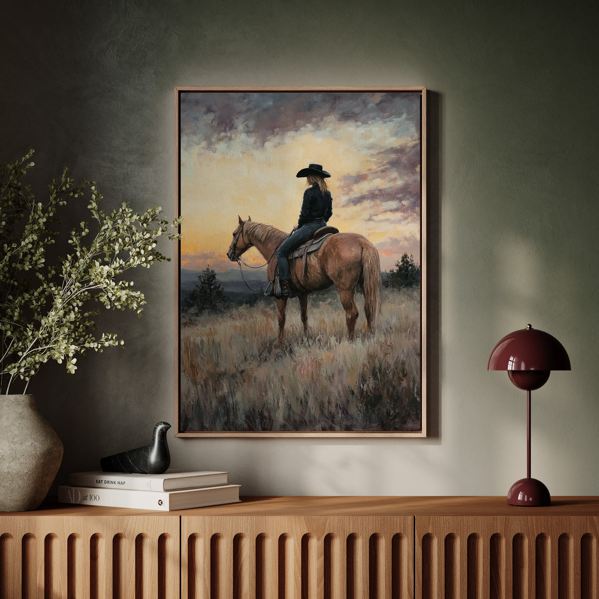 Evening Watch  |  Cowgirl and Horse at Sunset | Western Wall Art