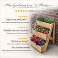 Three-tiered wooden planter with plants against a brick wall, featuring customer reviews.