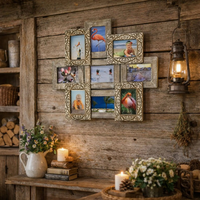 Vintage farmhouse photo collage frame mounted on weathered barn wood wall with lantern lighting, candles, greenery, and distressed wood console table.