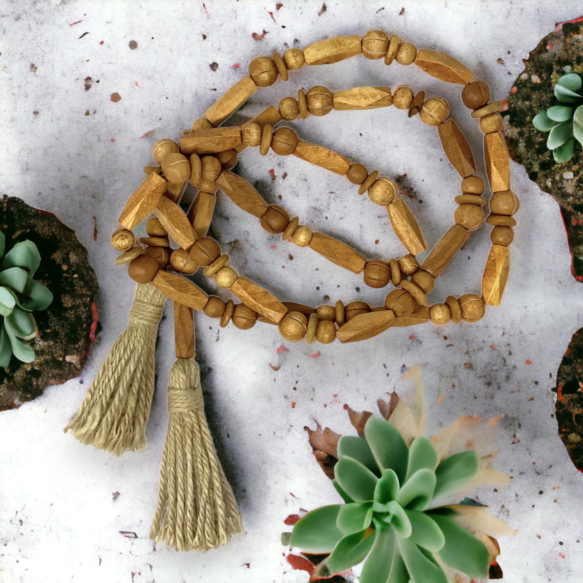 Natural wood bead garland for farmhouse mantel styling