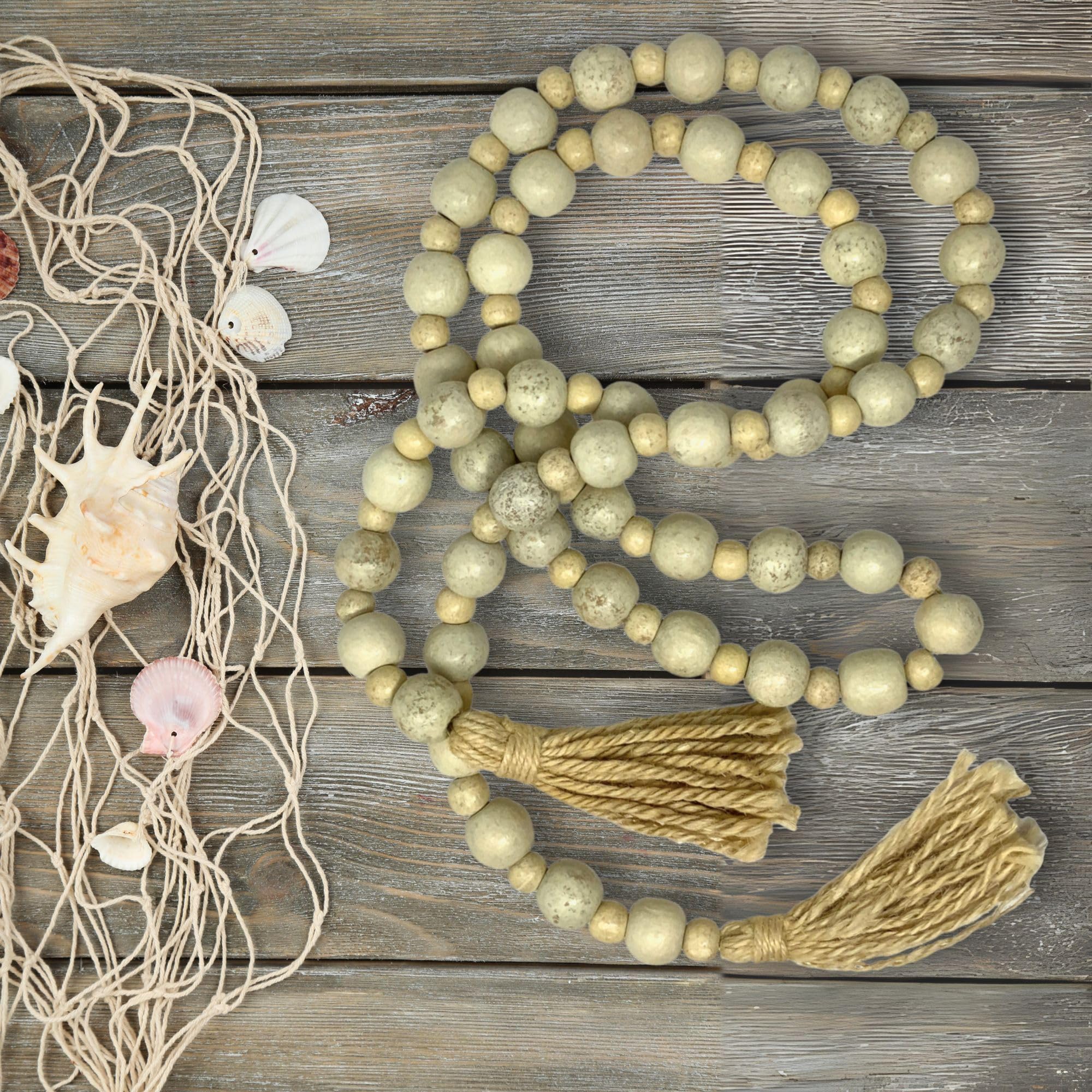 Beaded necklace with tassels on a wooden surface