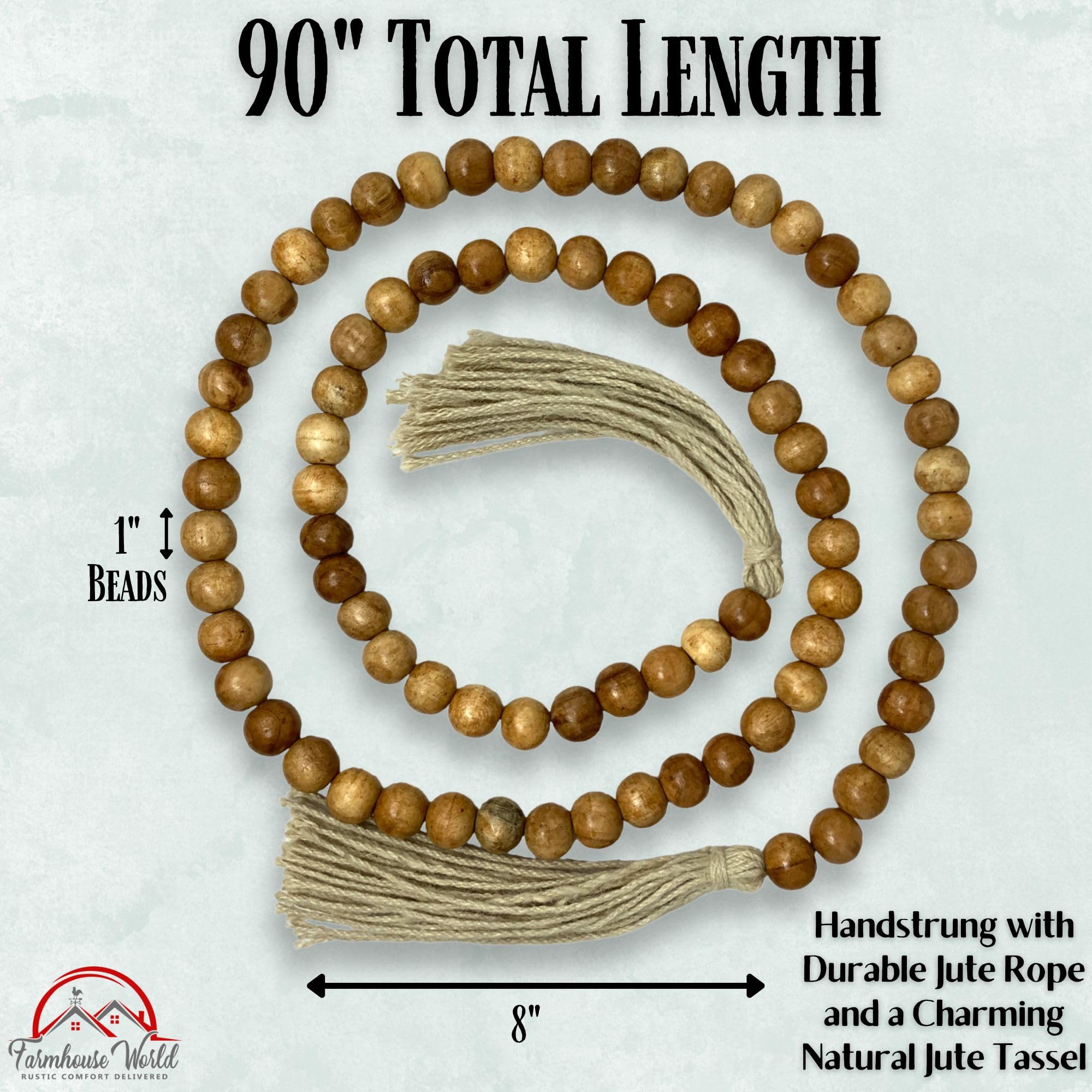 Wooden bead necklace with tassel on a white background, labeled with measurements and brand name.