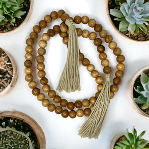 Wooden beaded necklace with tassels on a white surface surrounded by small potted plants.