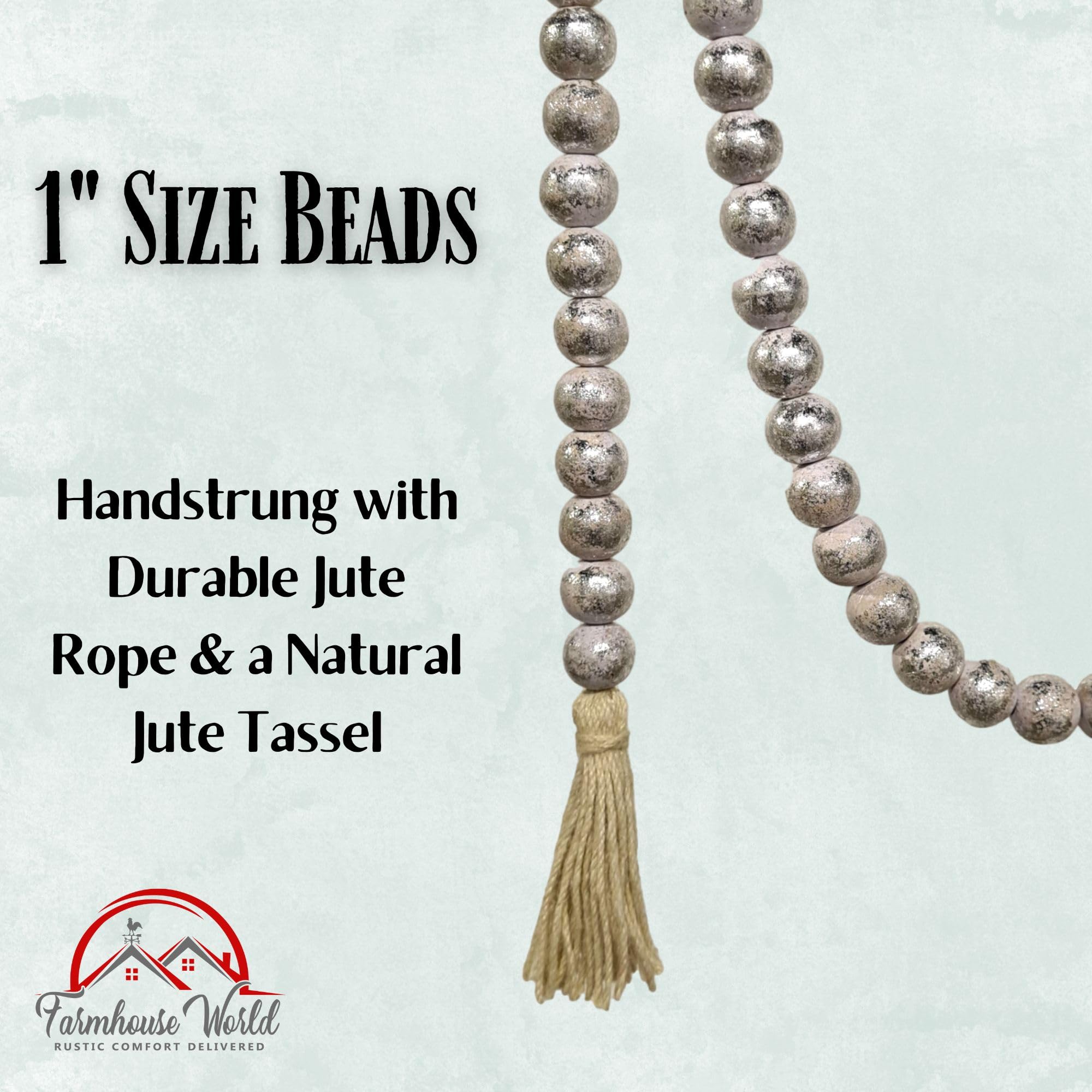 Beaded necklace with a tassel on a light gray background, featuring text about bead size and materials.