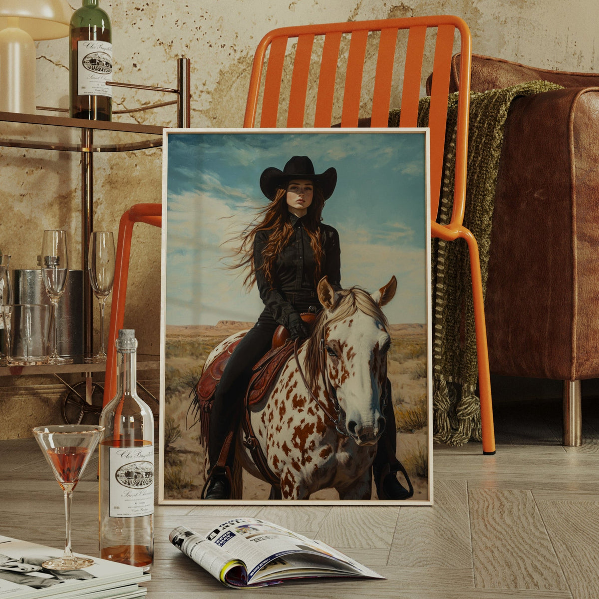 Desert Reins  |  Cowgirl on Paint Horse Portrait | Western Wall Art