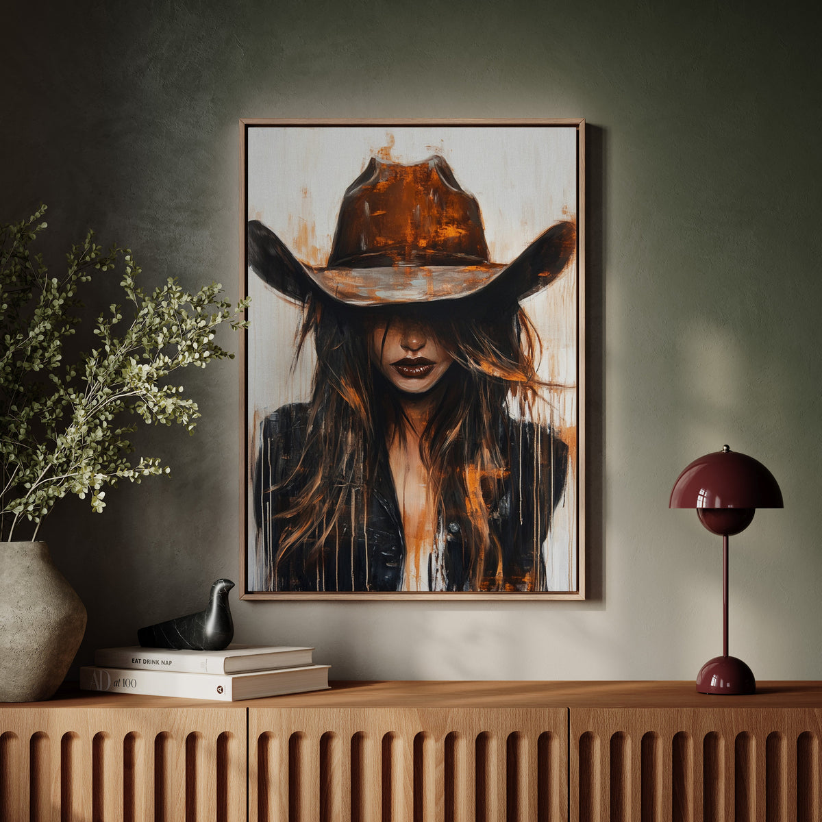 Abstract Cowgirl Wall Art | Cowgirl in Crimson Western Portrait | Farmhouse World