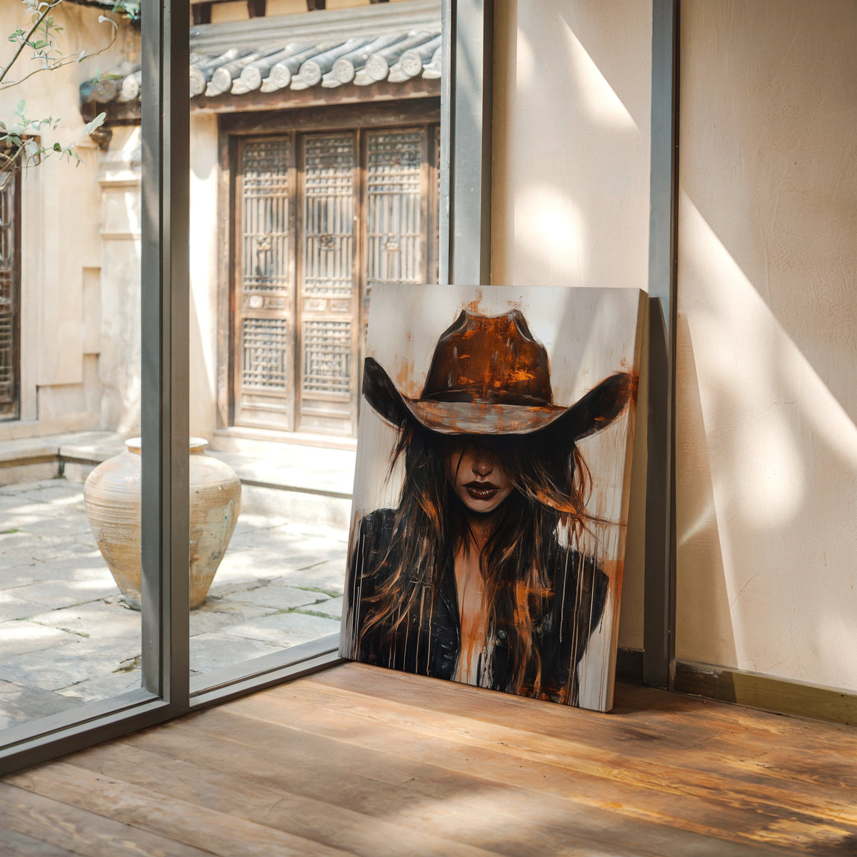 Abstract Cowgirl Wall Art | Cowgirl in Crimson Western Portrait | Farmhouse World