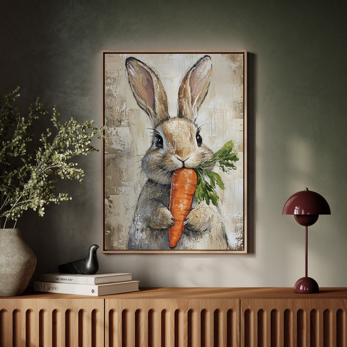 Adorable Bunny with Carrot  |  Rustic Farmhouse Animal Wall Art Print | Farmhouse World