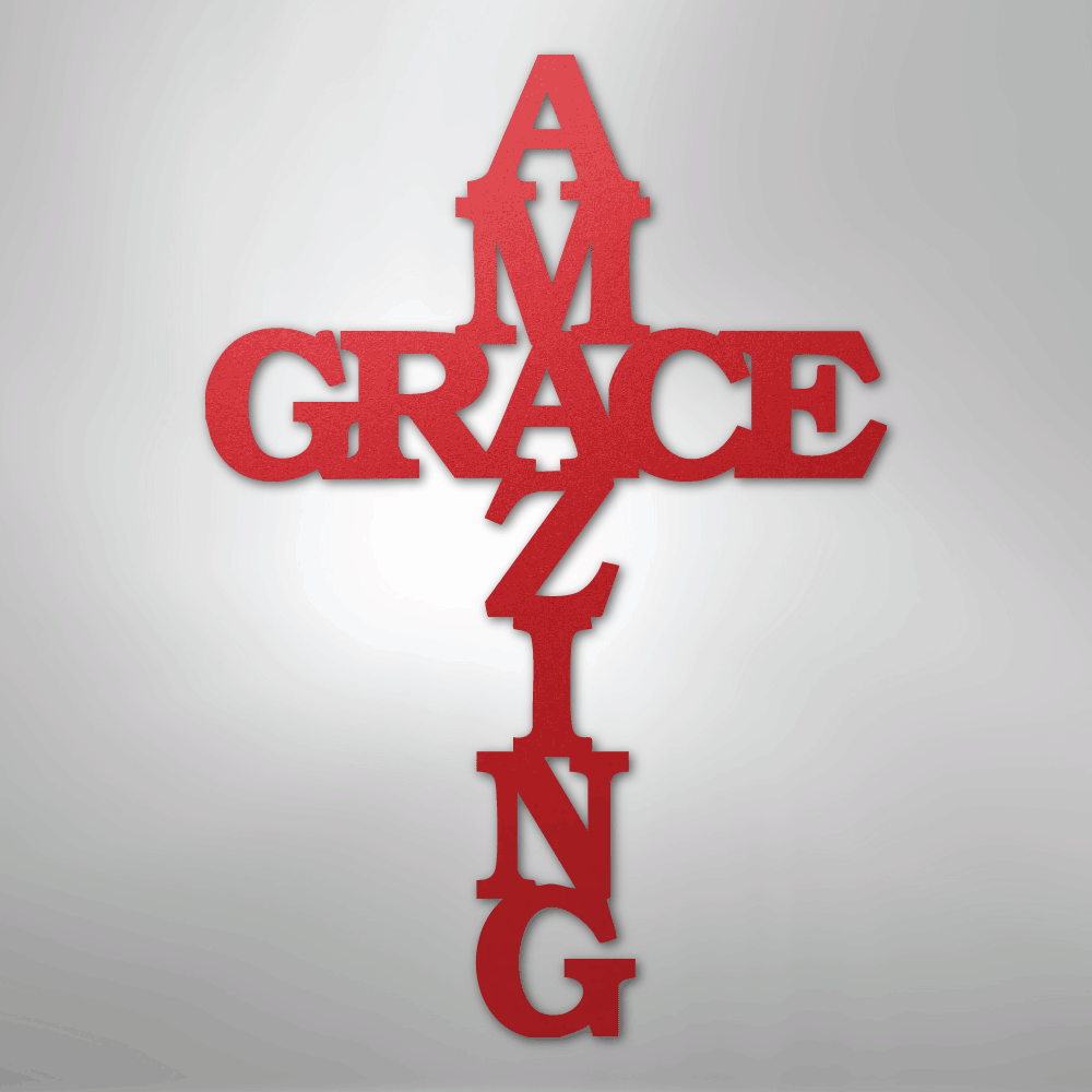 Amazing Grace Cross Metal Sign red