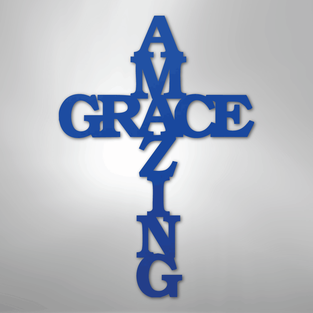 Amazing Grace Cross Metal Sign blue