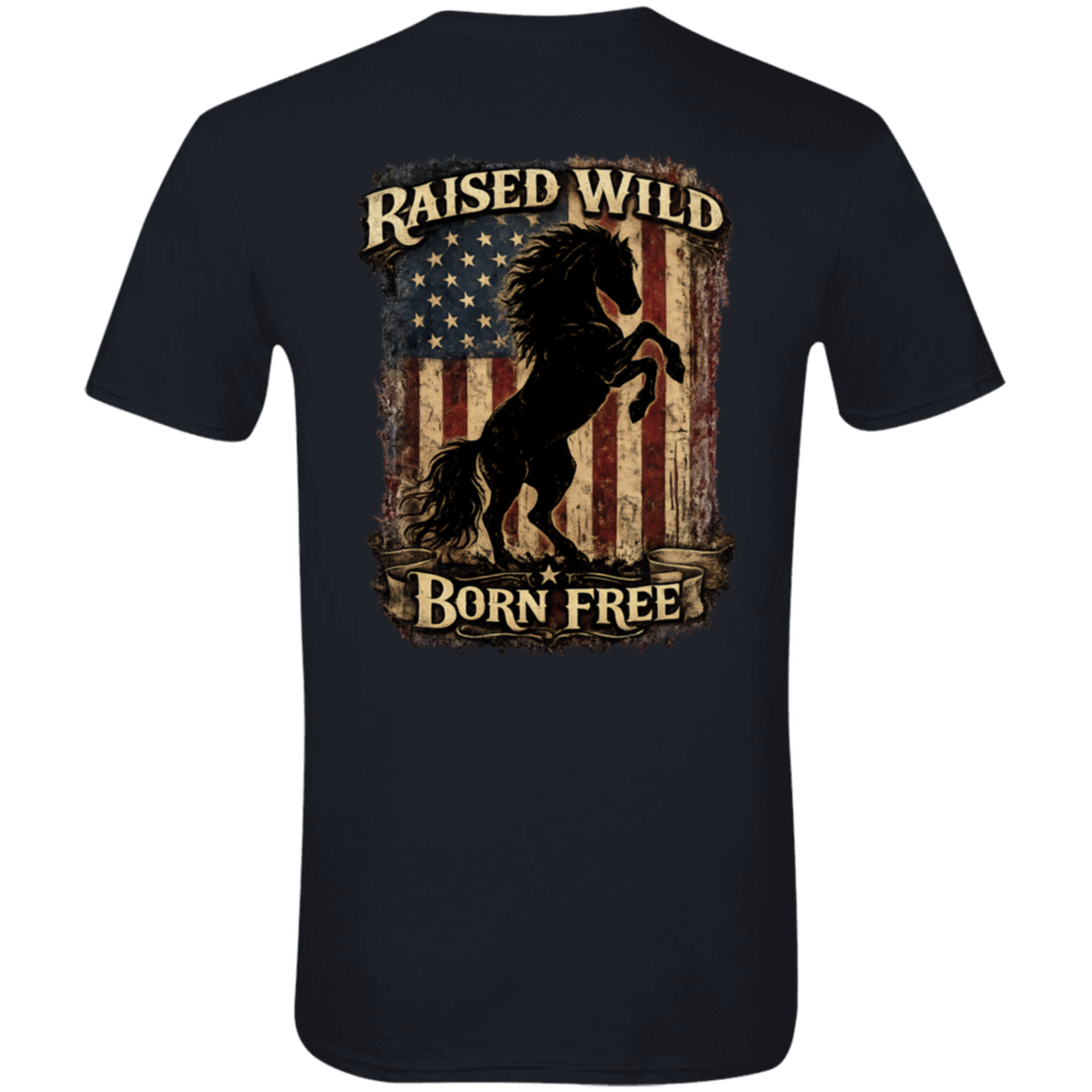 Raised Wild Born Free horse t-shirt with distressed American flag graphic