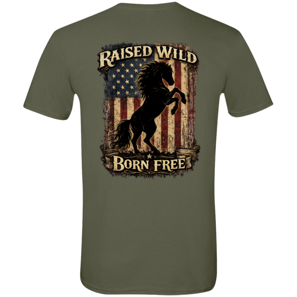 Patriotic horse graphic tee with Raised Wild Born Free back print