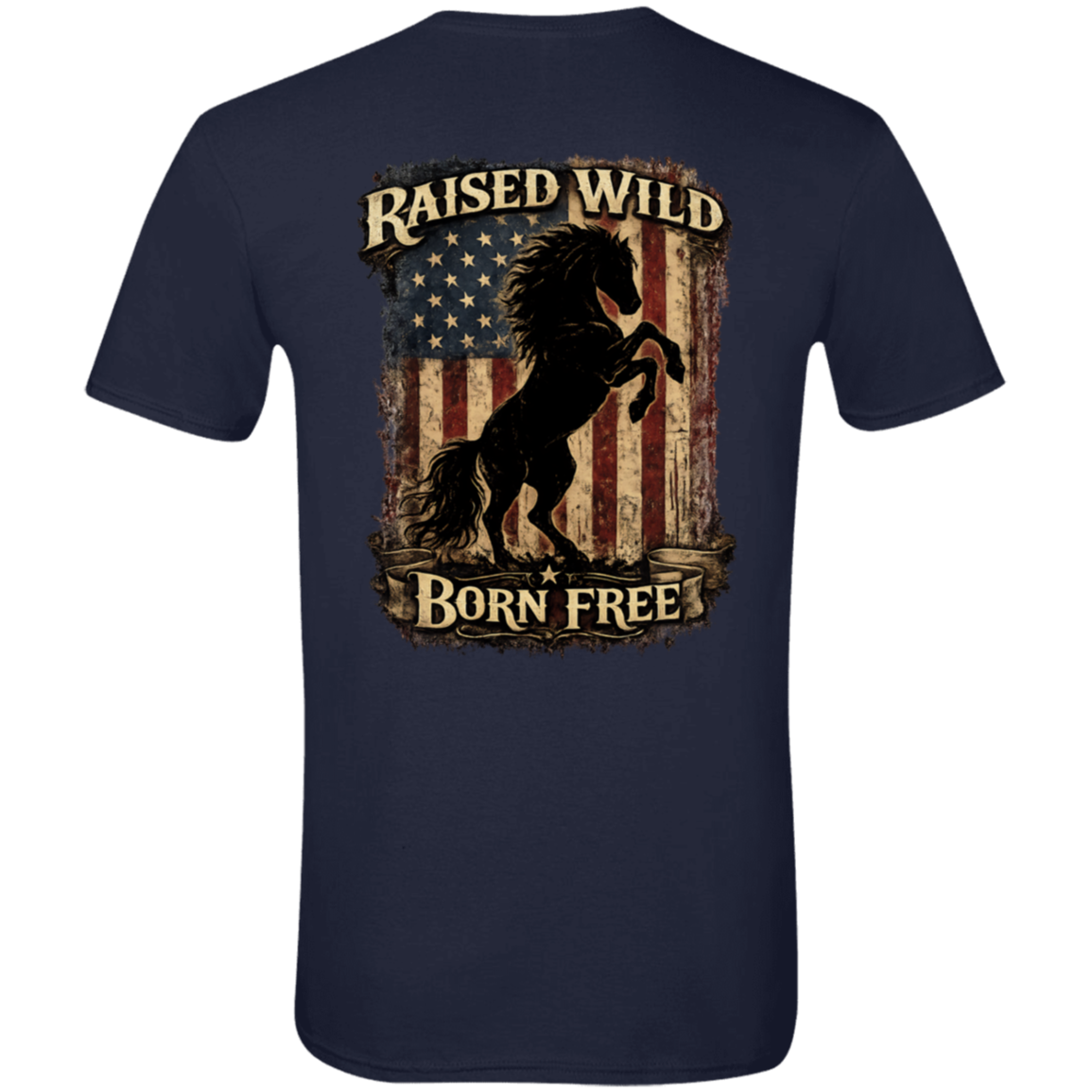 Country patriotic t-shirt featuring rearing horse silhouette and American flag