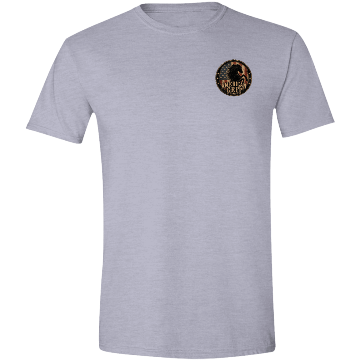 Front chest American Grit tee design with horse and flag emblem