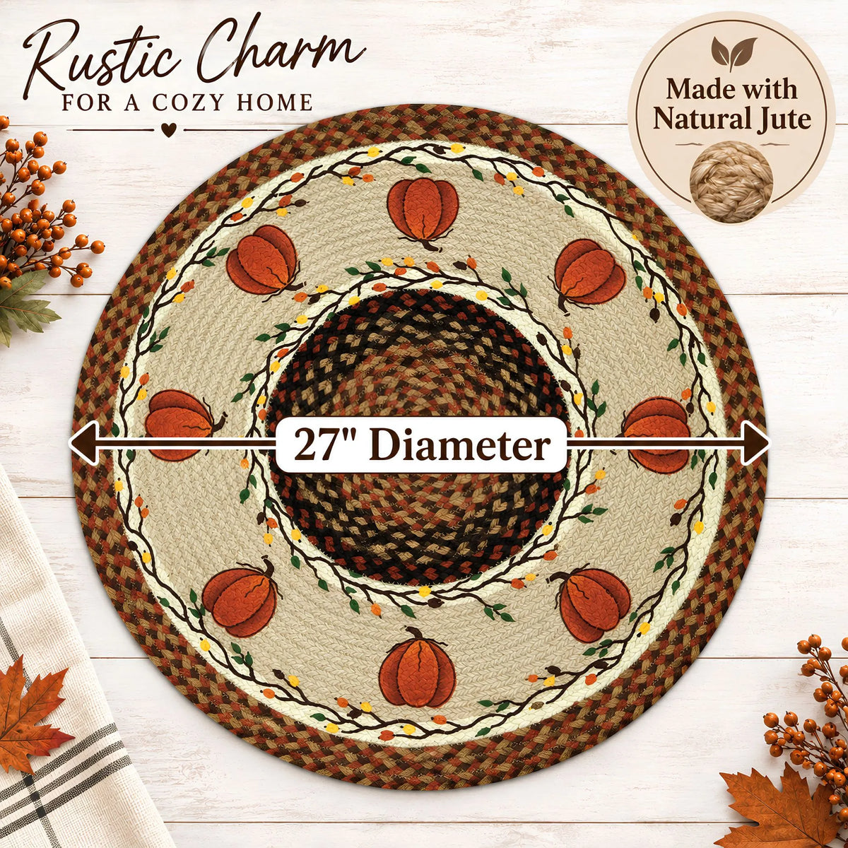 Pumpkin Round Jute Rug - 27" Braided Fall Farmhouse Rug