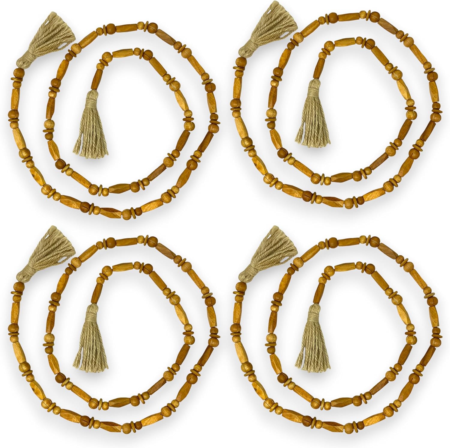 Set of four wooden beaded necklaces with tassels on a white background