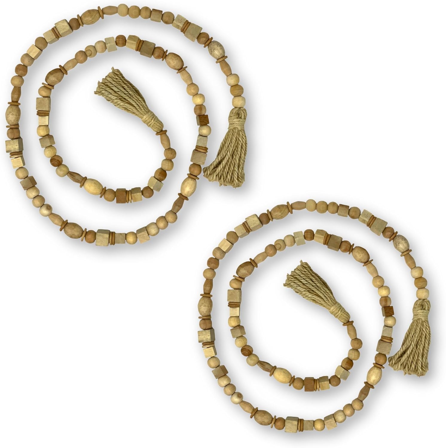 Set of beige beaded garlands with tassels on a white background
