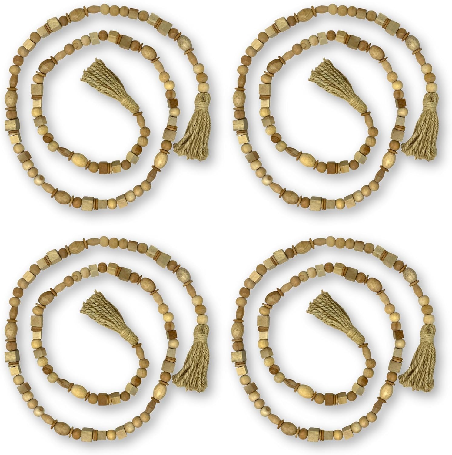 set of 4 natural wood bead garlands