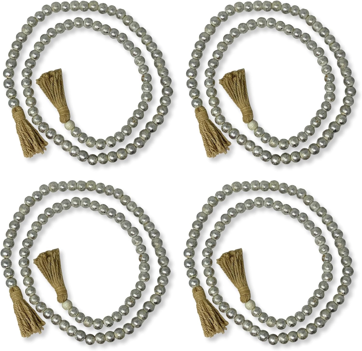 Four sets of gray beaded necklaces with tassels on a white background