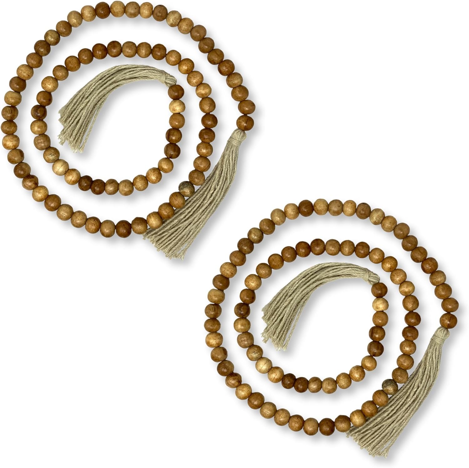 Two wooden beaded necklaces with tassels on a white background