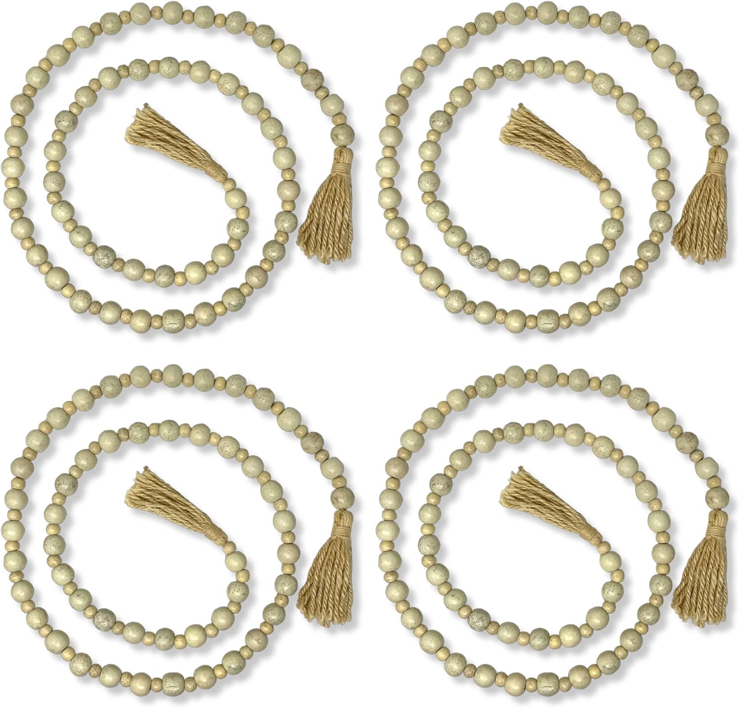 Set of four beige beaded garlands with tassels on a white background