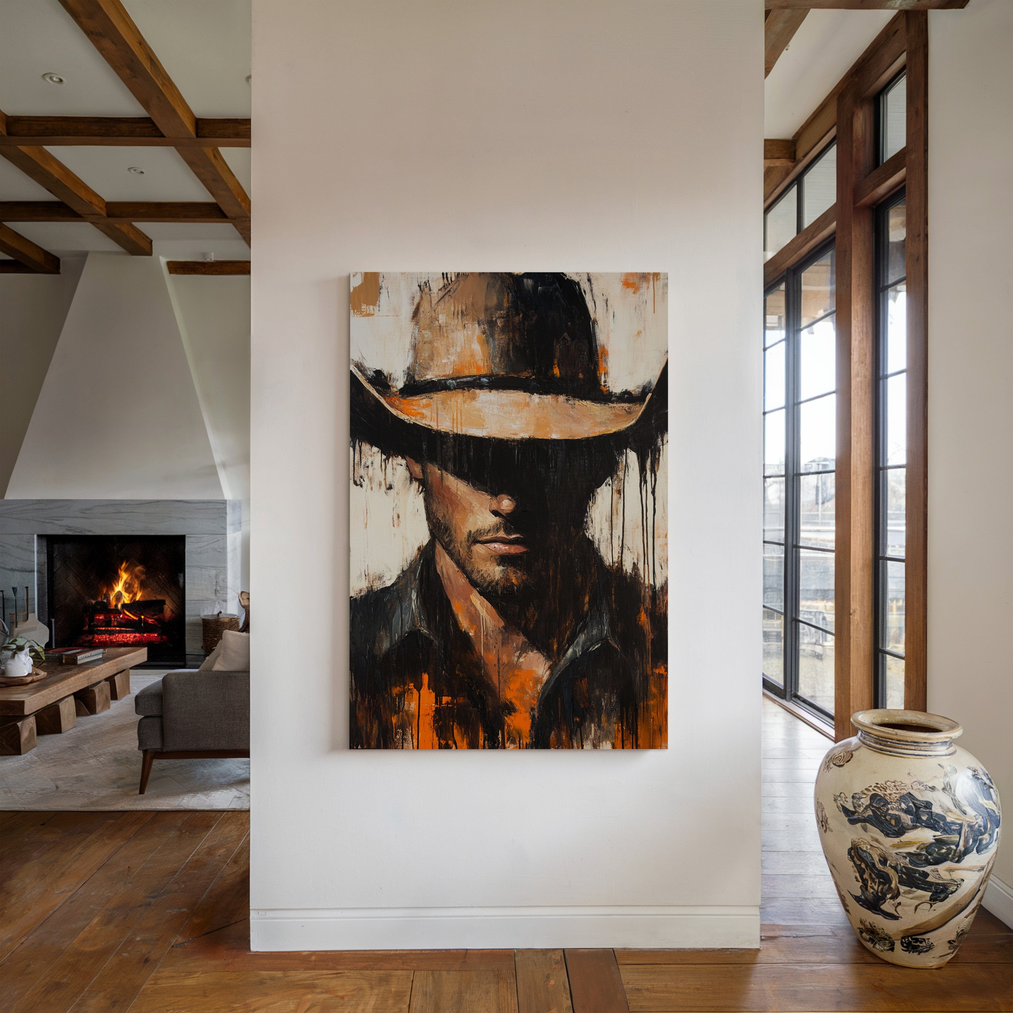 western canvas wall art with abstract cowboy portrait