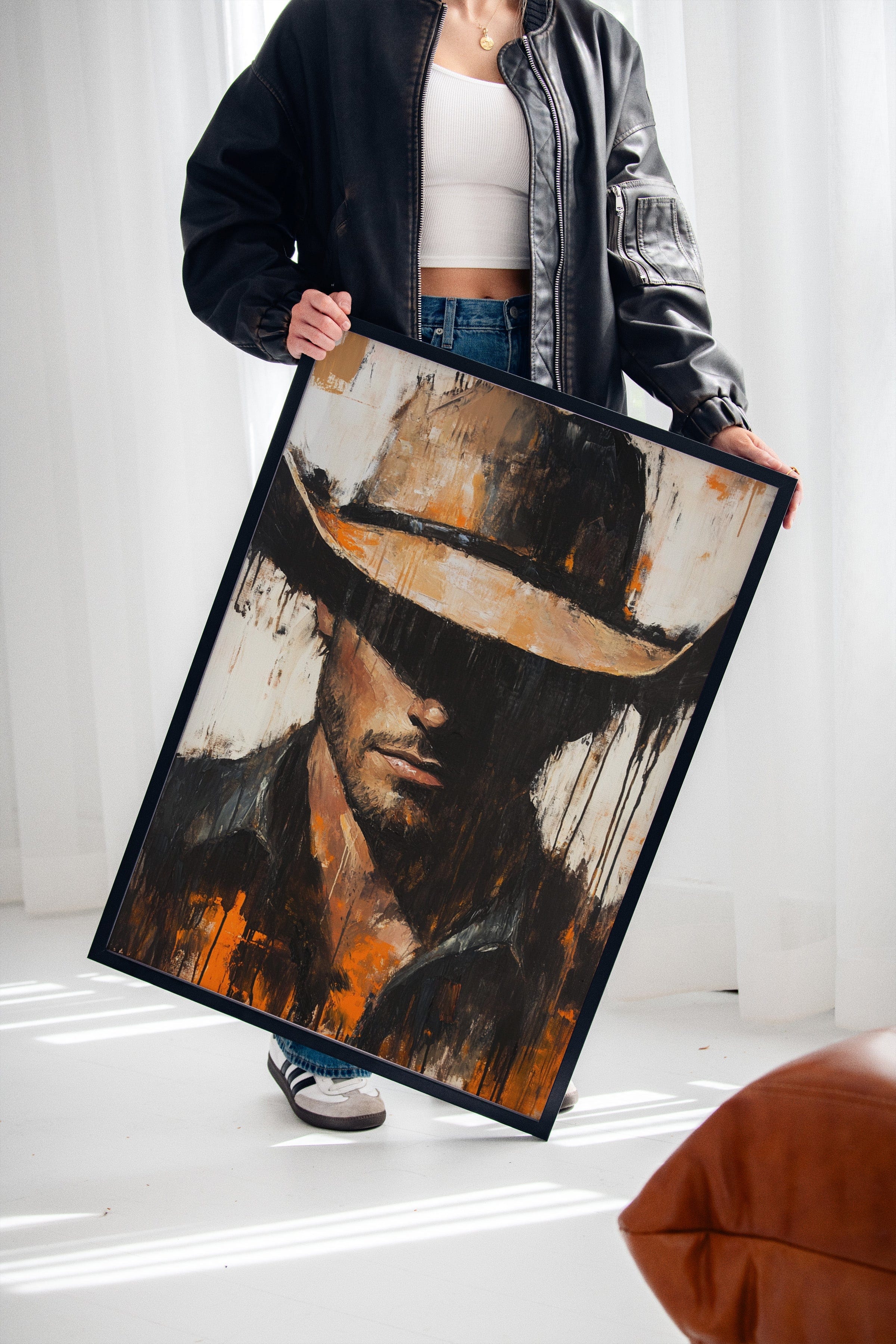 cowboy framed canvas in black wooden frame for cabin or ranch entryway