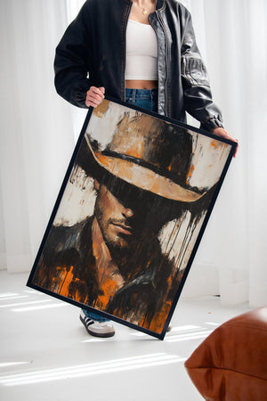 cowboy framed canvas in black wooden frame for cabin or ranch entryway