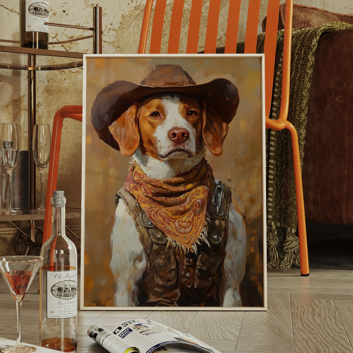 Brittany Spaniel Cowboy in Sunset Bandana | Western Wall Art | Farmhouse World