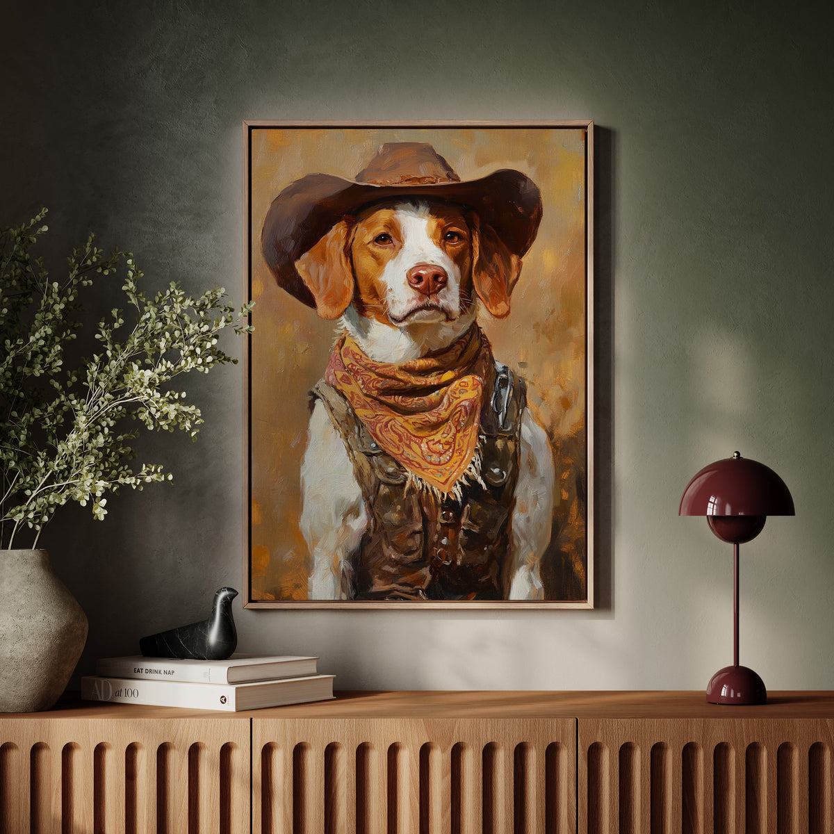 Brittany Spaniel Cowboy in Sunset Bandana | Western Wall Art | Farmhouse World