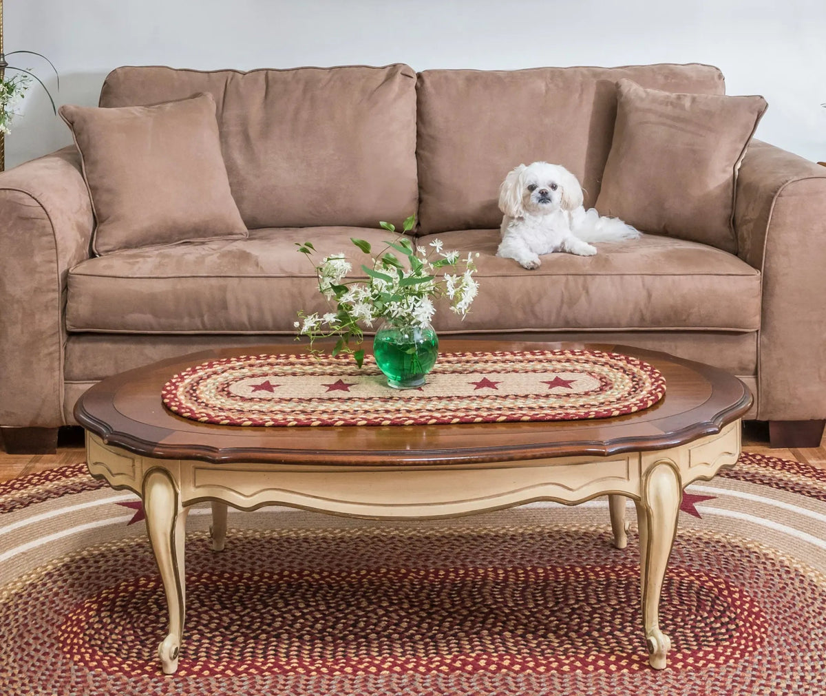 Burgundy Stars Braided Oval Table Runner - 100% Natural Jute and Hand Stenciled | Farmhouse World