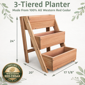 Western Red Cedar Wooden 3-tiered planter with dimensions and material information on a light background