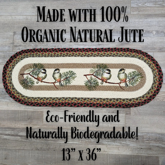 Chickadee Braided Oval Table Runner - 100% Natural Jute and Hand Stenciled