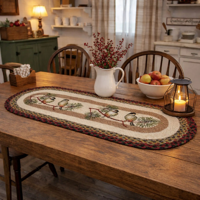 Chickadee Braided Oval Table Runner - 100% Natural Jute and Hand Stenciled