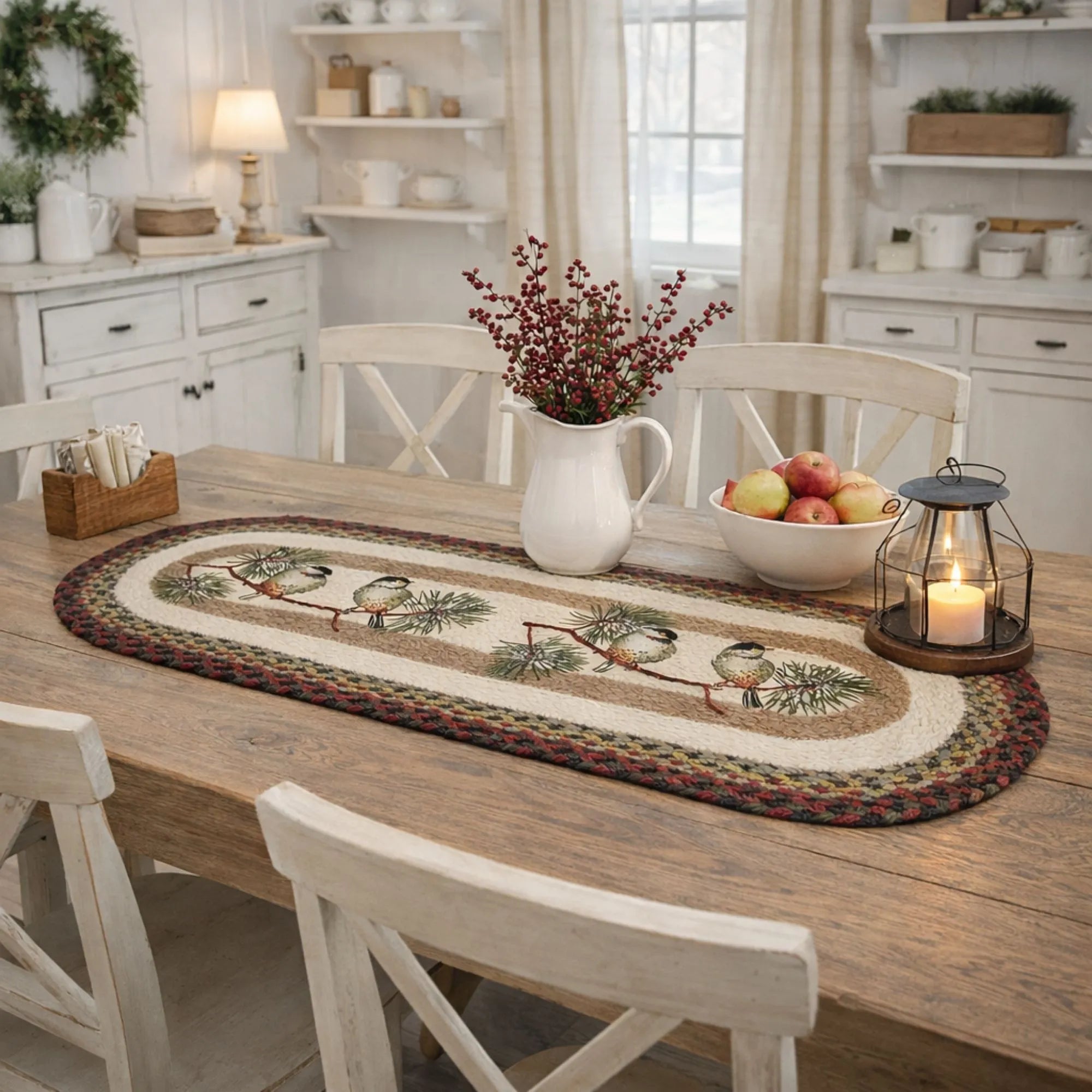 Chickadee Braided Oval Table Runner - 100% Natural Jute and Hand Stenciled | Farmhouse World