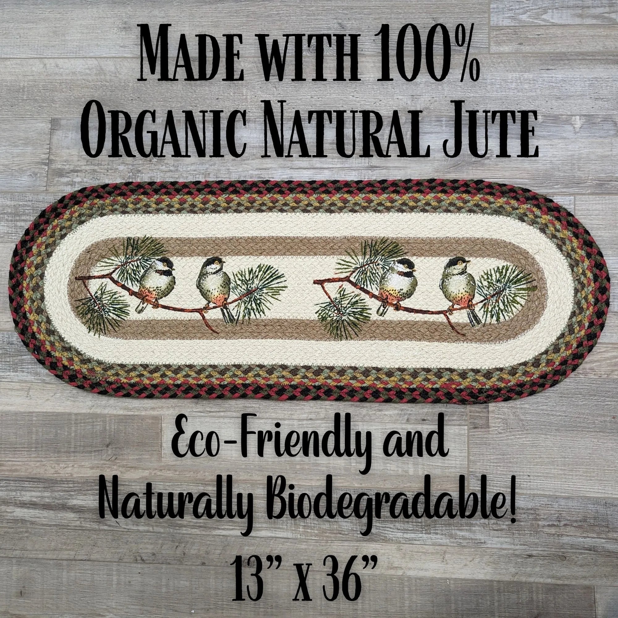 Chickadee Braided Oval Table Runner - 100% Natural Jute and Hand Stenciled | Farmhouse World