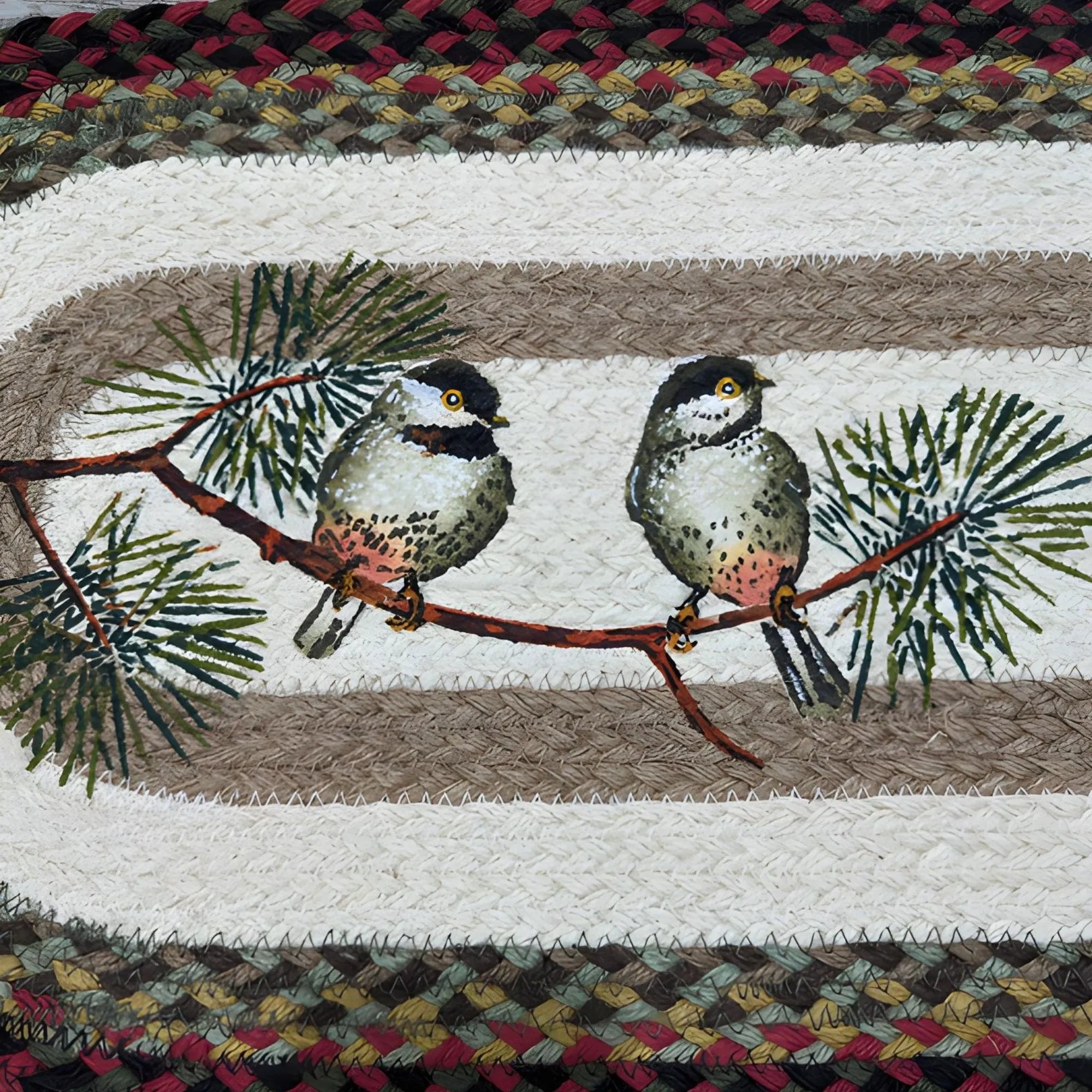Chickadee Braided Oval Table Runner - 100% Natural Jute and Hand Stenciled | Farmhouse World