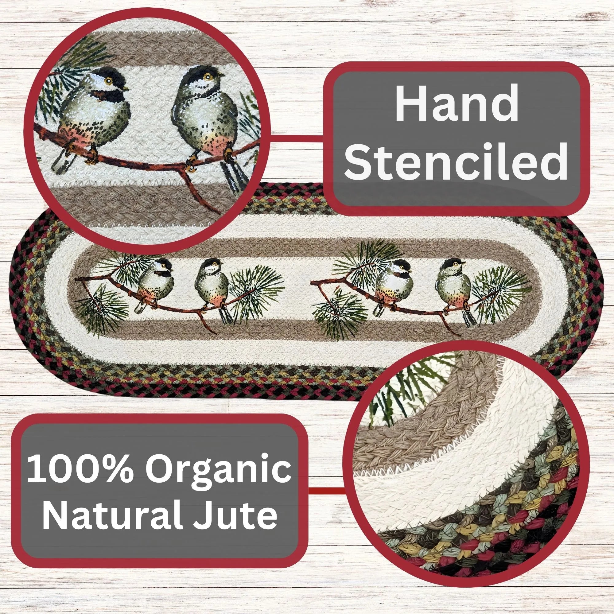 Chickadee Braided Oval Table Runner - 100% Natural Jute and Hand Stenciled | Farmhouse World