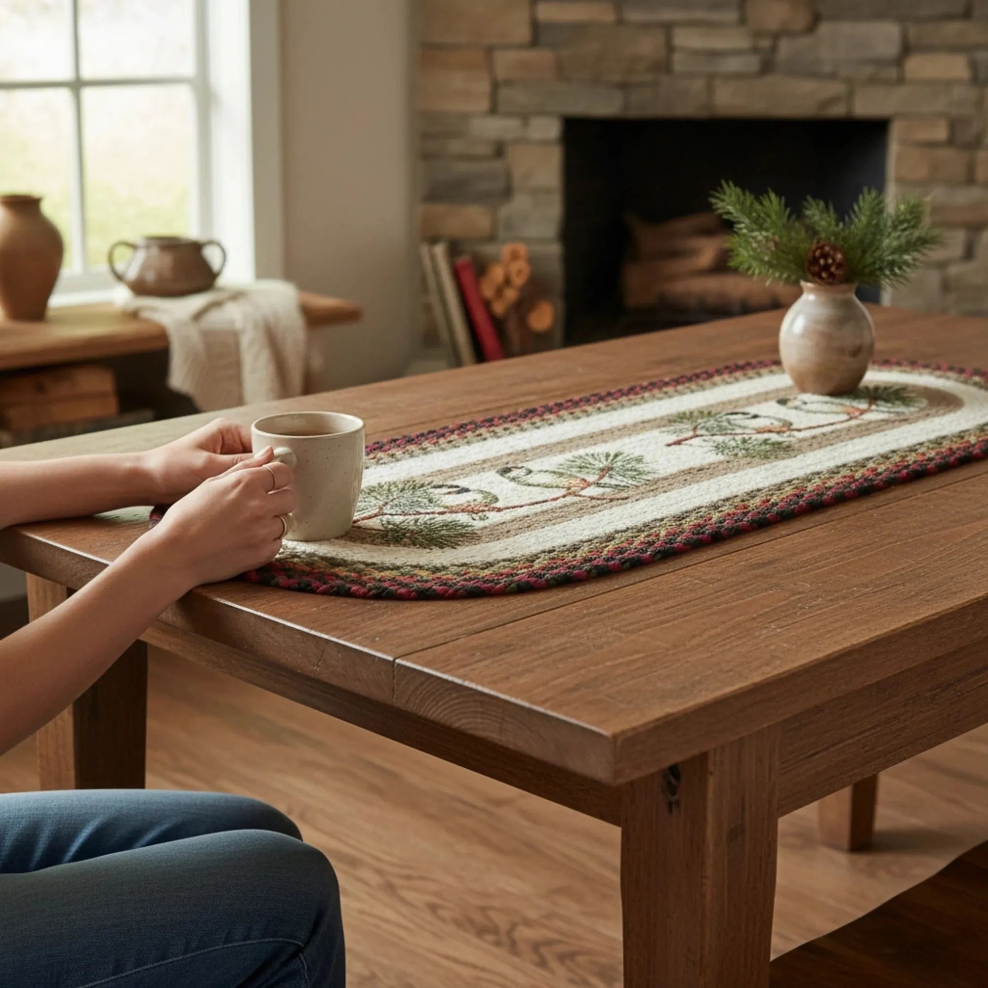 Chickadee Braided Oval Table Runner - 100% Natural Jute and Hand Stenciled | Farmhouse World