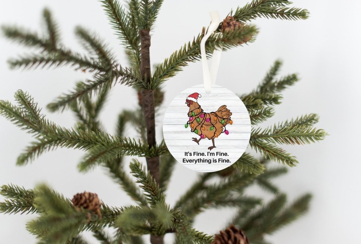 Chicken mom ornament with tangled Christmas lights design