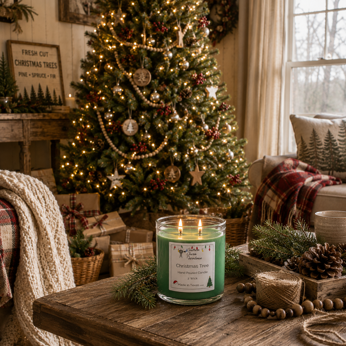 Christmas Tree 2-Wick Candle | Fresh Pine & Evergreen | Farmhouse World