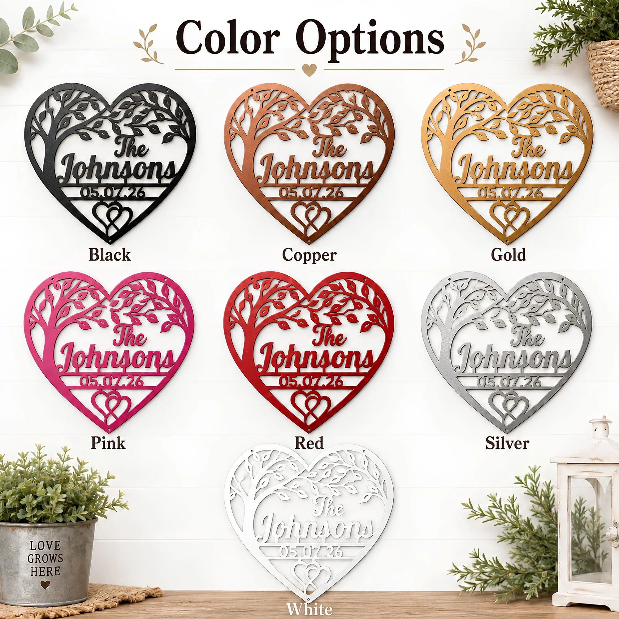 Color options chart showing heart-shaped laser-cut wall art with tree motifs and the customizable text 'The Johnsons 05.07.