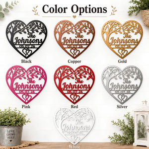 Color options chart showing heart-shaped laser-cut wall art with tree motifs and the customizable text 'The Johnsons 05.07.