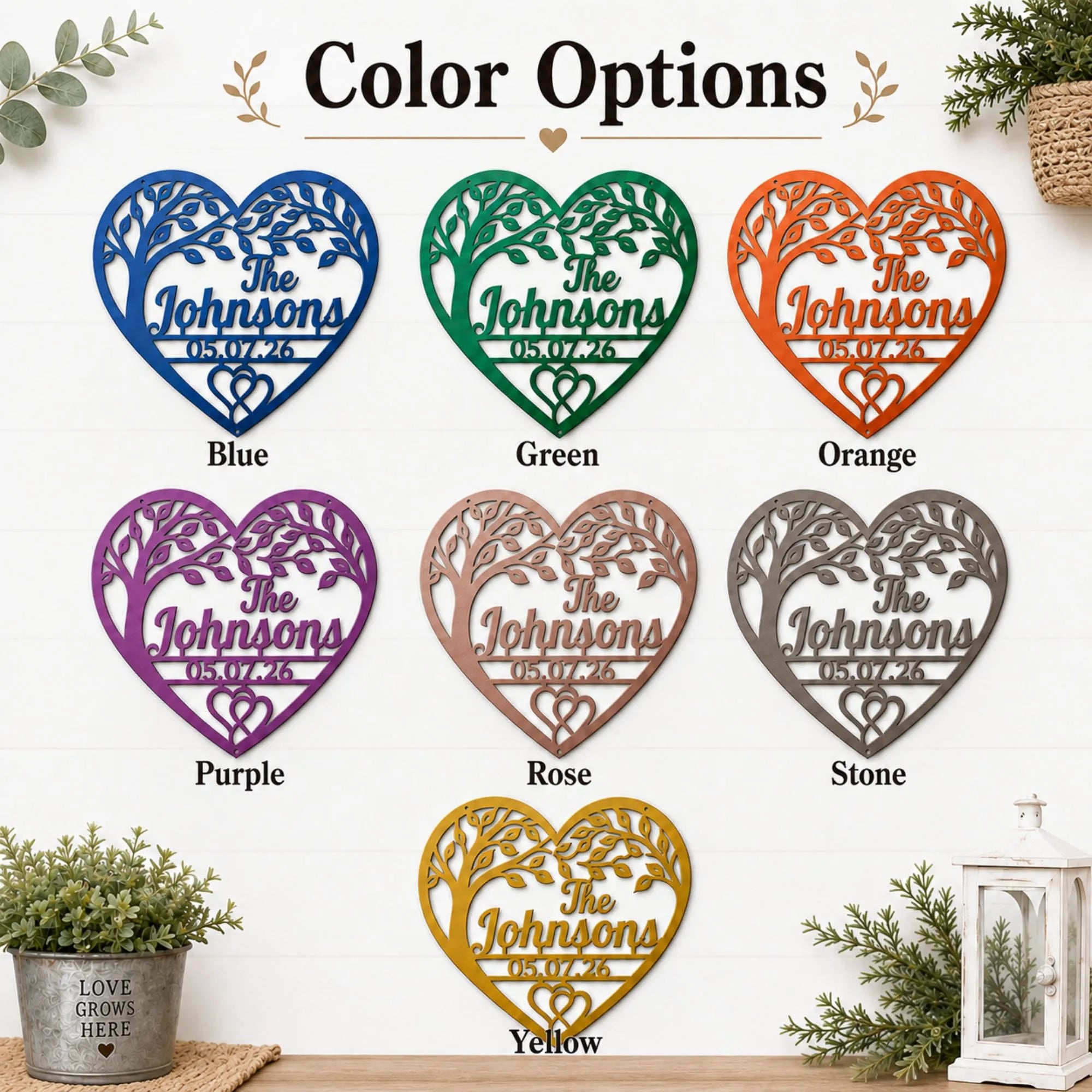 Color options chart showing heart-shaped personalized metal wall art in multiple colors: blue, green, orange, purple, rose gold, stone, and yellow. Each heart has laser-cut tree branches and the text 'The Johnsons 05.