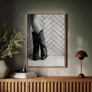 Black and white Western cowboy boots photography wall art