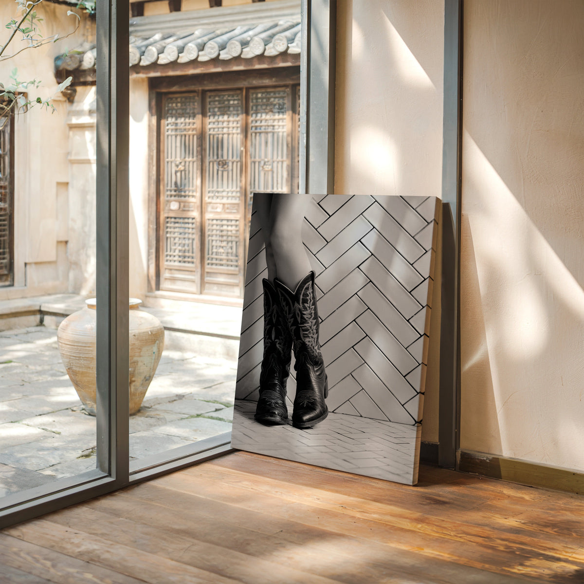 Western cowboy boots wall art in black and white