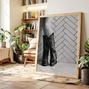 Black and white cowboy boots art for ranch style decor