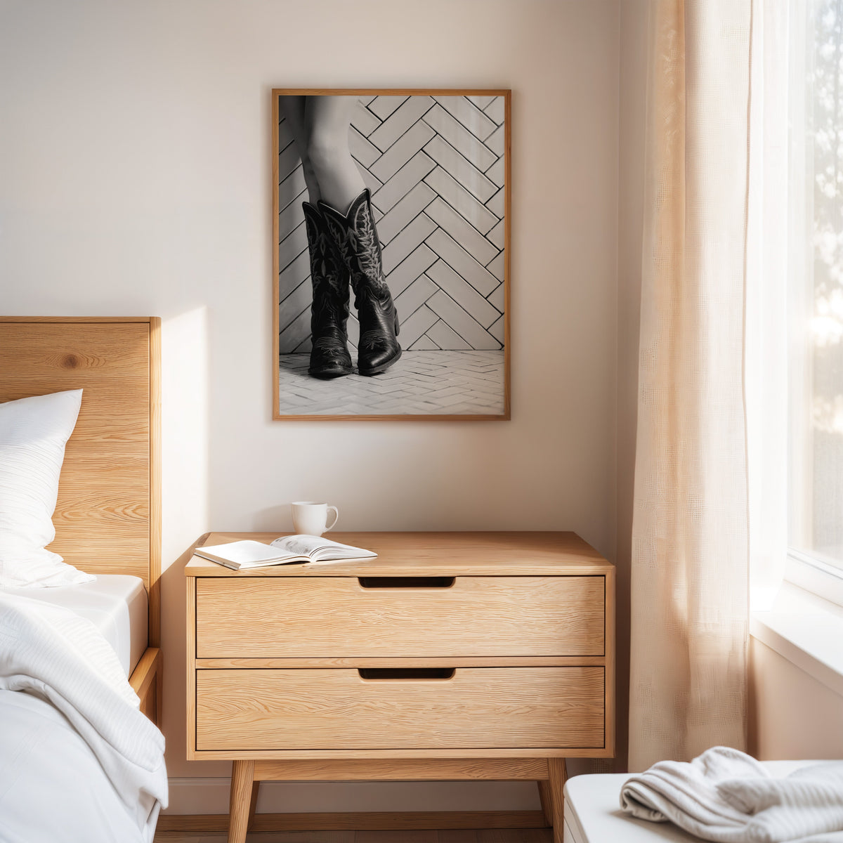 Modern Western cowboy boots artwork for bedroom decor