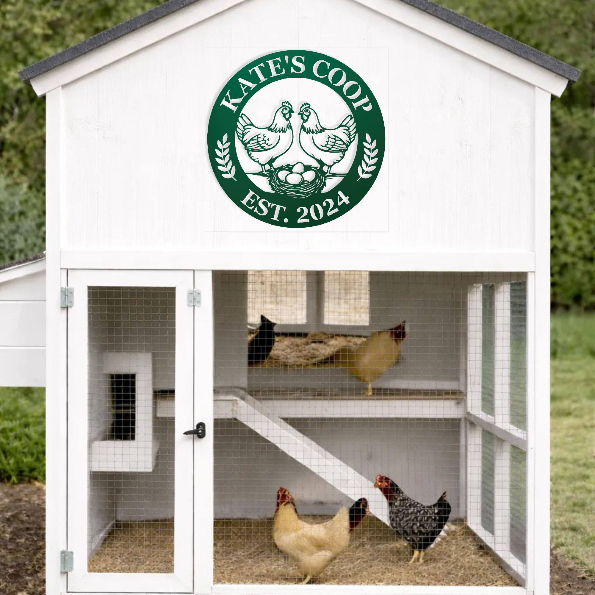 Personalized backyard chicken sign in green
